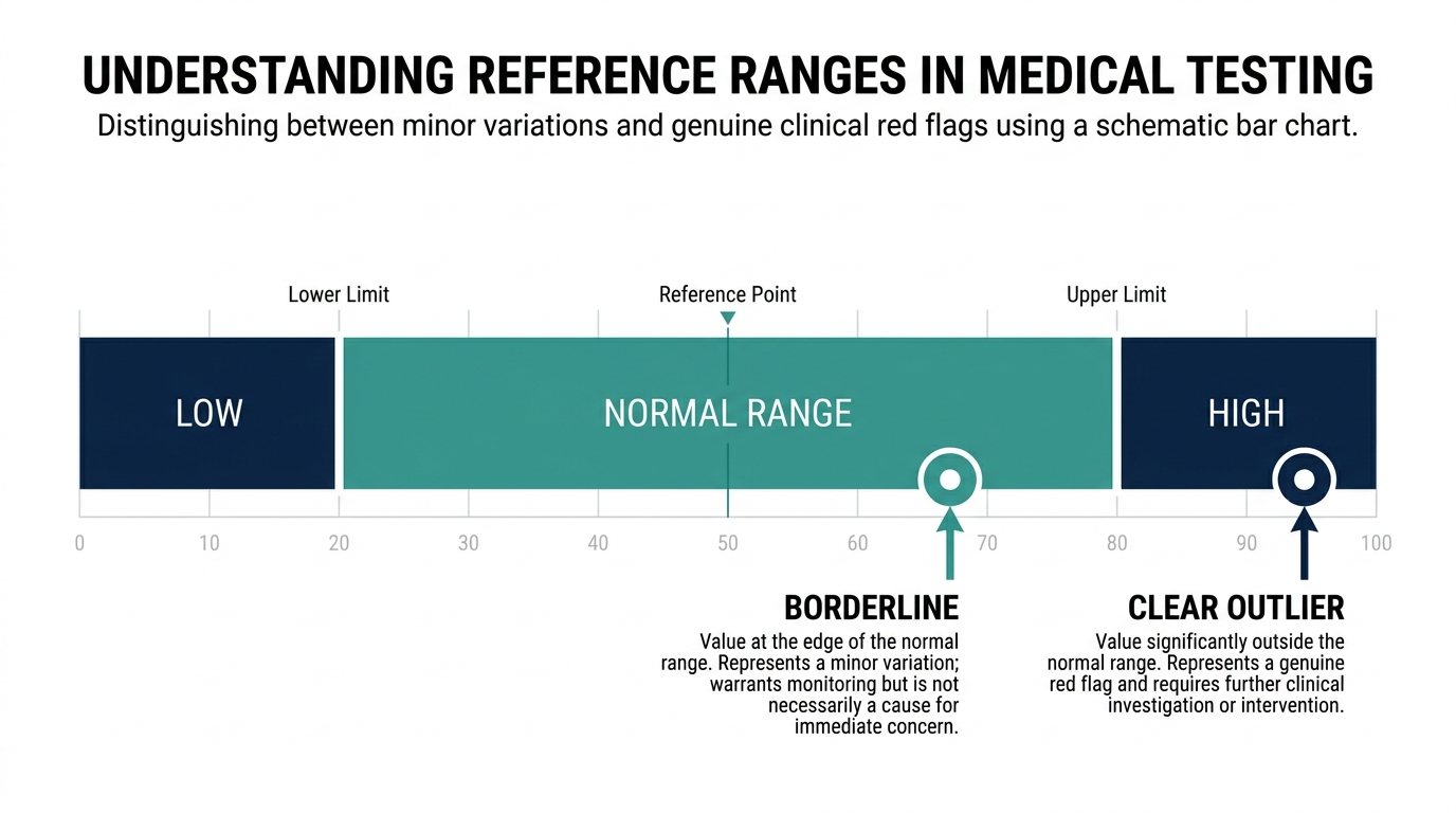 Reference range chart comparing a borderline marker near the edge of normal with a clear outlier far outside the band