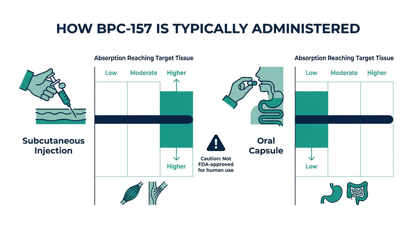 Chart comparing injection versus oral administration of BPC-157 and their relative absorption