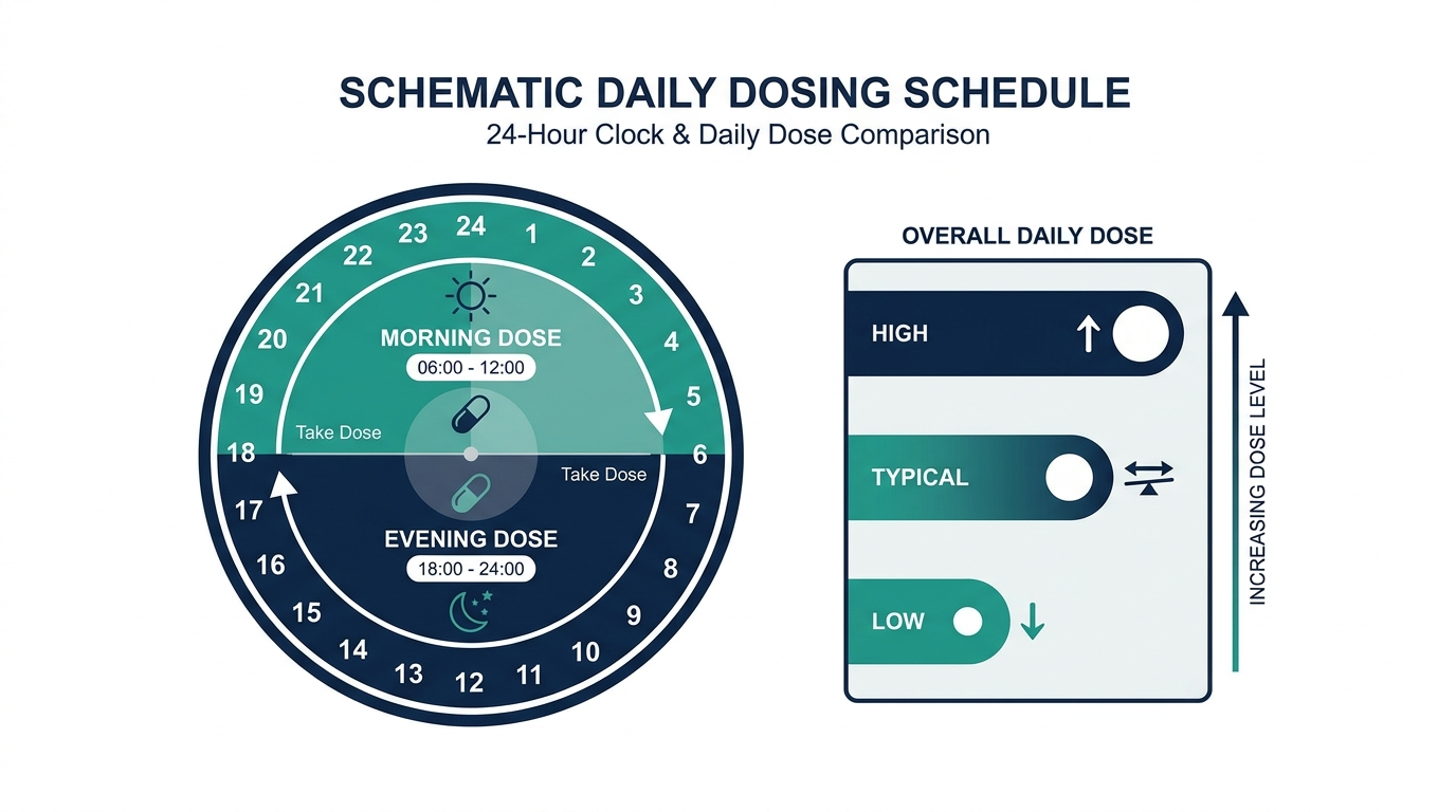Schematic 24-hour chart showing a morning and evening dose split with low, typical, and high daily dose bands
