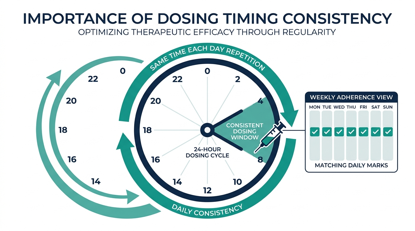 24-hour clock diagram highlighting a consistent daily dosing window alongside a weekly calendar view