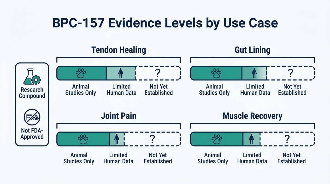 Chart comparing the evidence strength behind different claimed uses of BPC-157 and its legal status