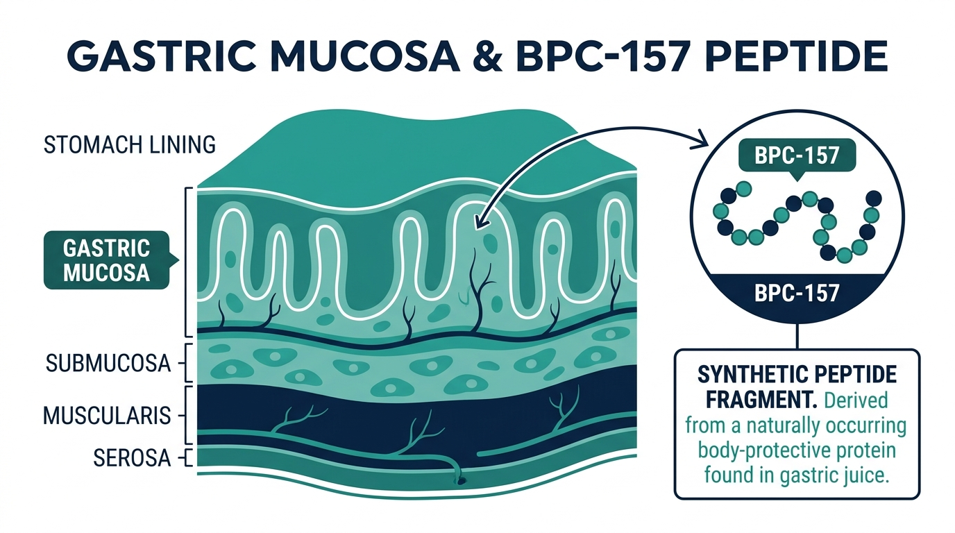 Diagram of stomach lining tissue with a callout to the short amino acid chain fragment that makes up BPC-157