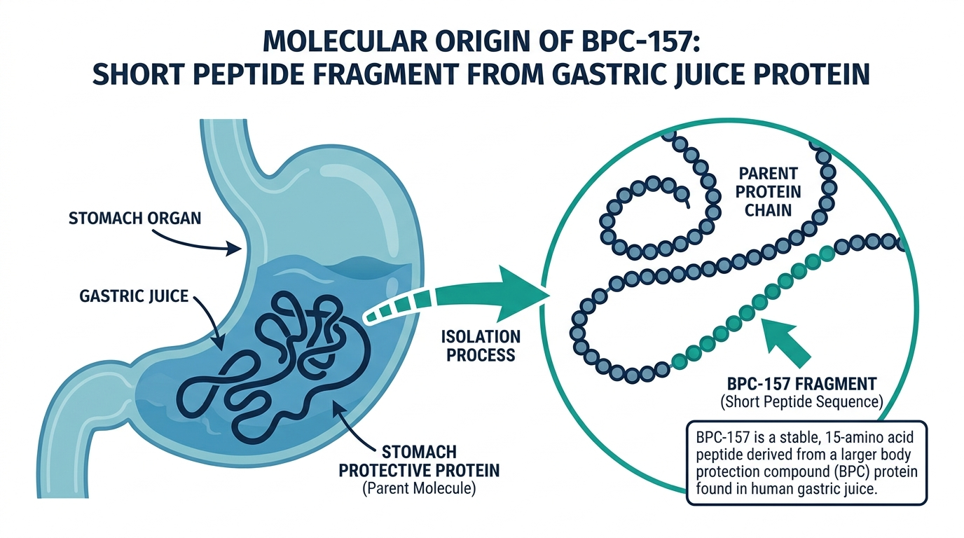 Diagram showing BPC-157 as a short peptide fragment isolated from a larger stomach protective protein