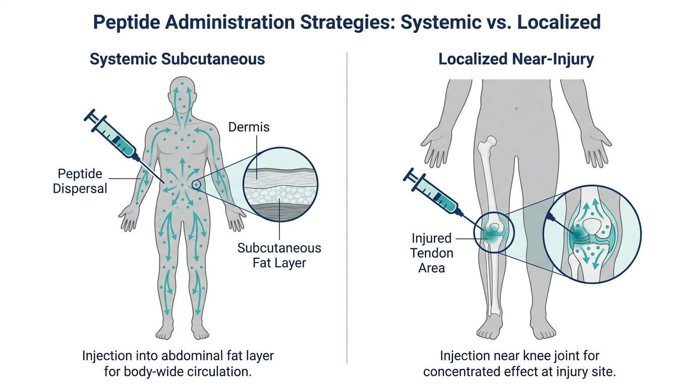 Diagram comparing systemic subcutaneous abdominal injection to localized near-injury injection for BPC-157