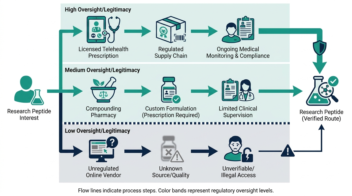 Schematic flow chart comparing legal access routes for BPC-157: telehealth prescription, compounding pharmacy, and unregulated vendors