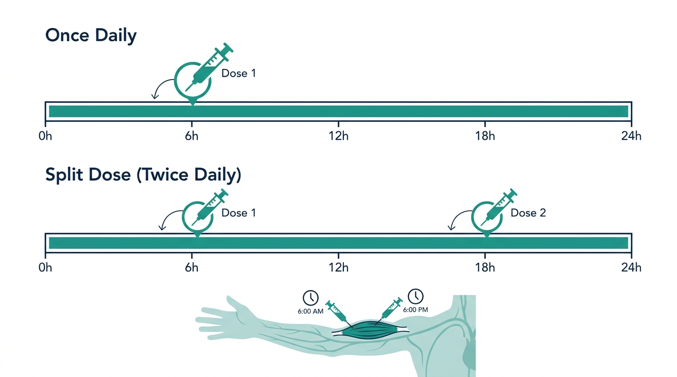 24-hour timeline comparing once-daily dosing to twice-daily split-dose injection frequency