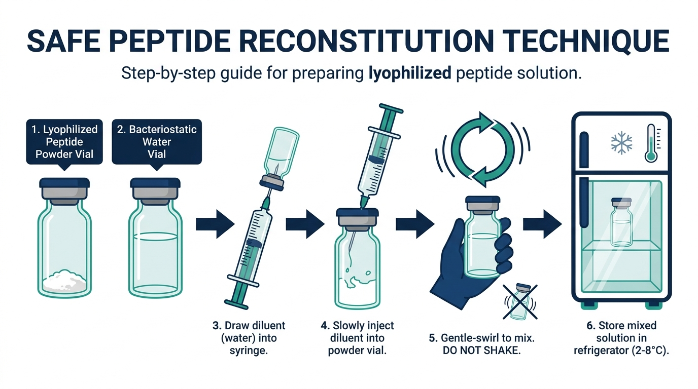 Step-by-step diagram of reconstituting lyophilized peptide powder with bacteriostatic water and refrigerated storage