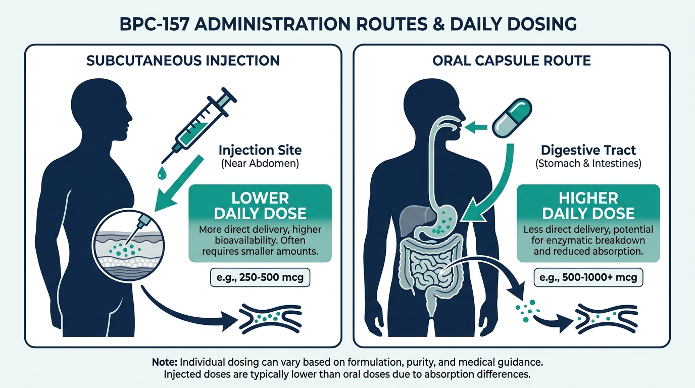 Diagram comparing BPC-157 subcutaneous injection and oral capsule administration routes and how they affect daily dosing