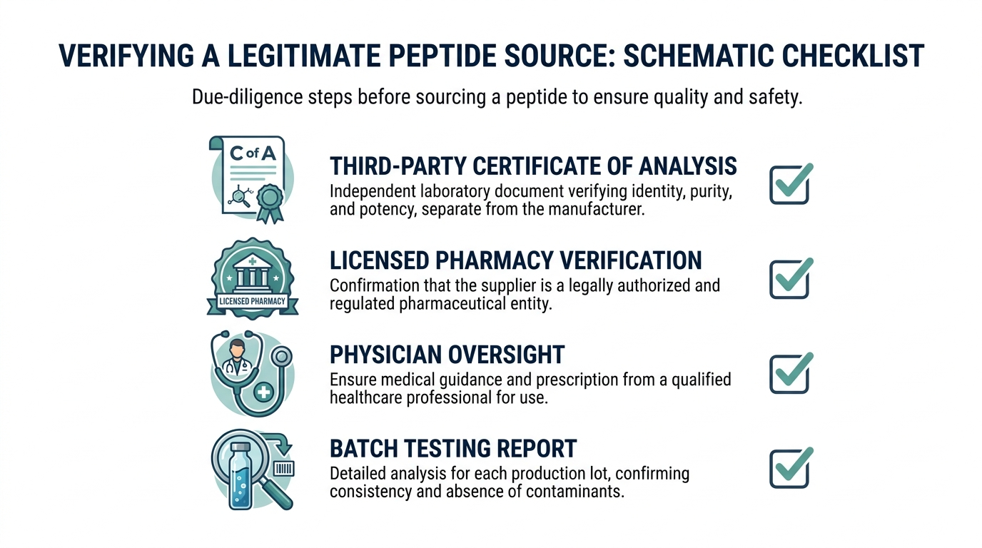 Checklist diagram for verifying a legitimate peptide source including certificate of analysis, pharmacy verification, and physician oversight