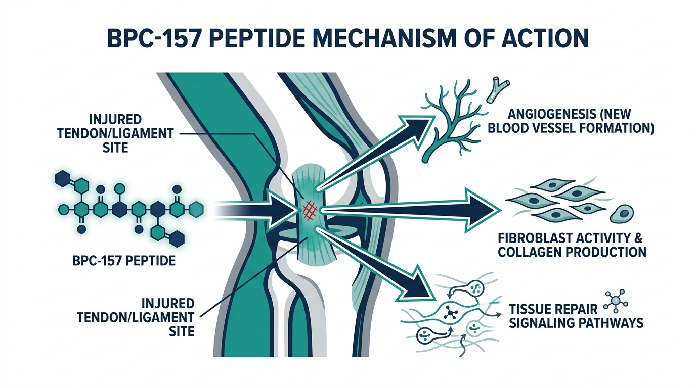 Diagram of BPC-157 peptide mechanism of action at a tendon injury site showing angiogenesis and tissue repair signaling