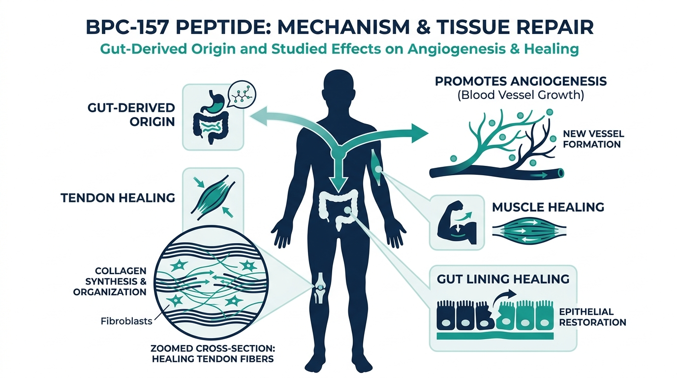 Diagram of BPC-157 peptide mechanism showing tissue repair effects on tendon, muscle, and gut lining through blood vessel growth