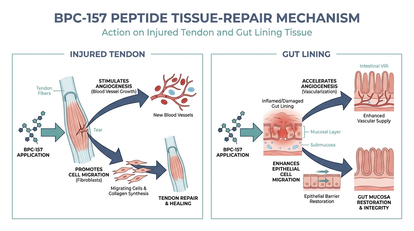 Diagram of BPC-157 tissue-repair mechanism on injured tendon and gut lining