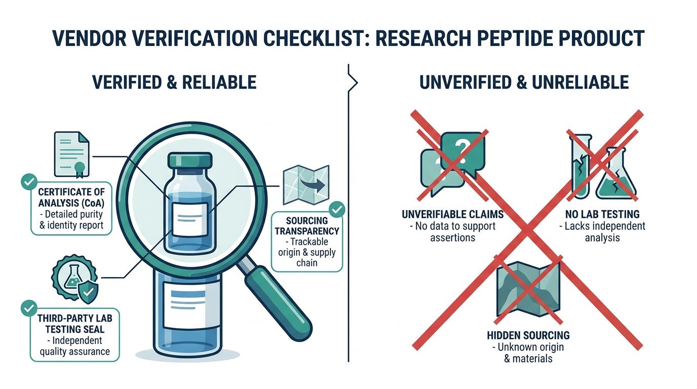 Diagram of a vendor verification checklist for buying research peptides, showing certificate of analysis and lab testing seal versus red-flag warning signs