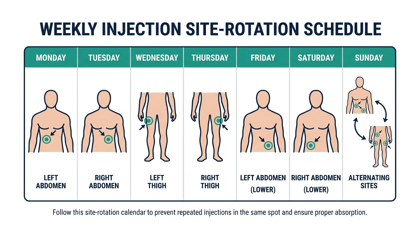 Weekly schedule grid showing a different injection site zone assigned to each day of the week