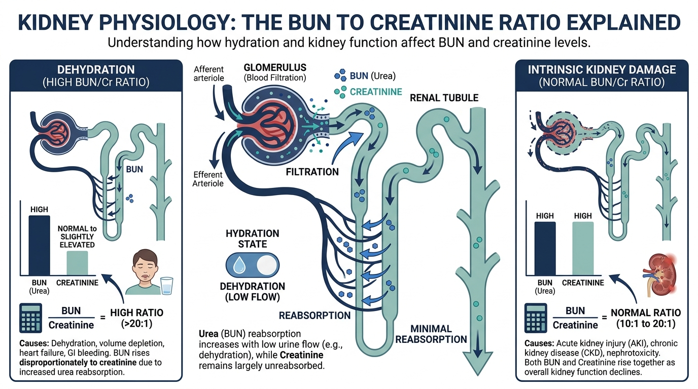 Diagram of nephron filtration showing how urea reabsorption changes with hydration while creatinine passes through largely unchanged