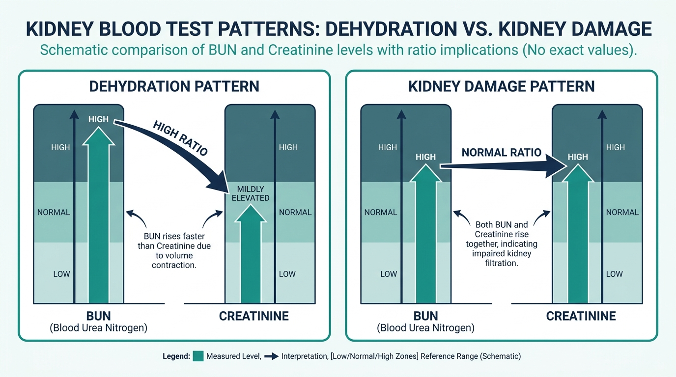 Schematic chart comparing BUN and creatinine patterns in dehydration versus kidney damage