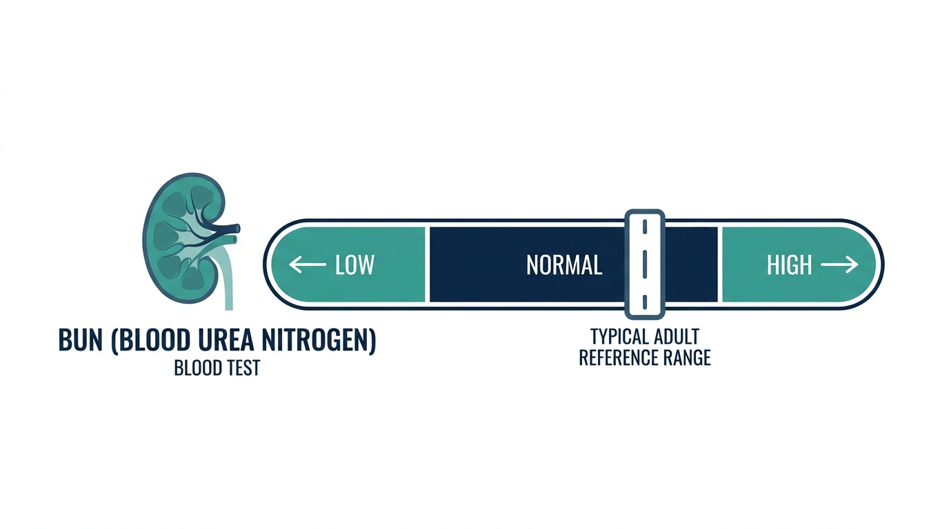 Schematic reference range chart showing low, normal, and high bands for BUN blood test results