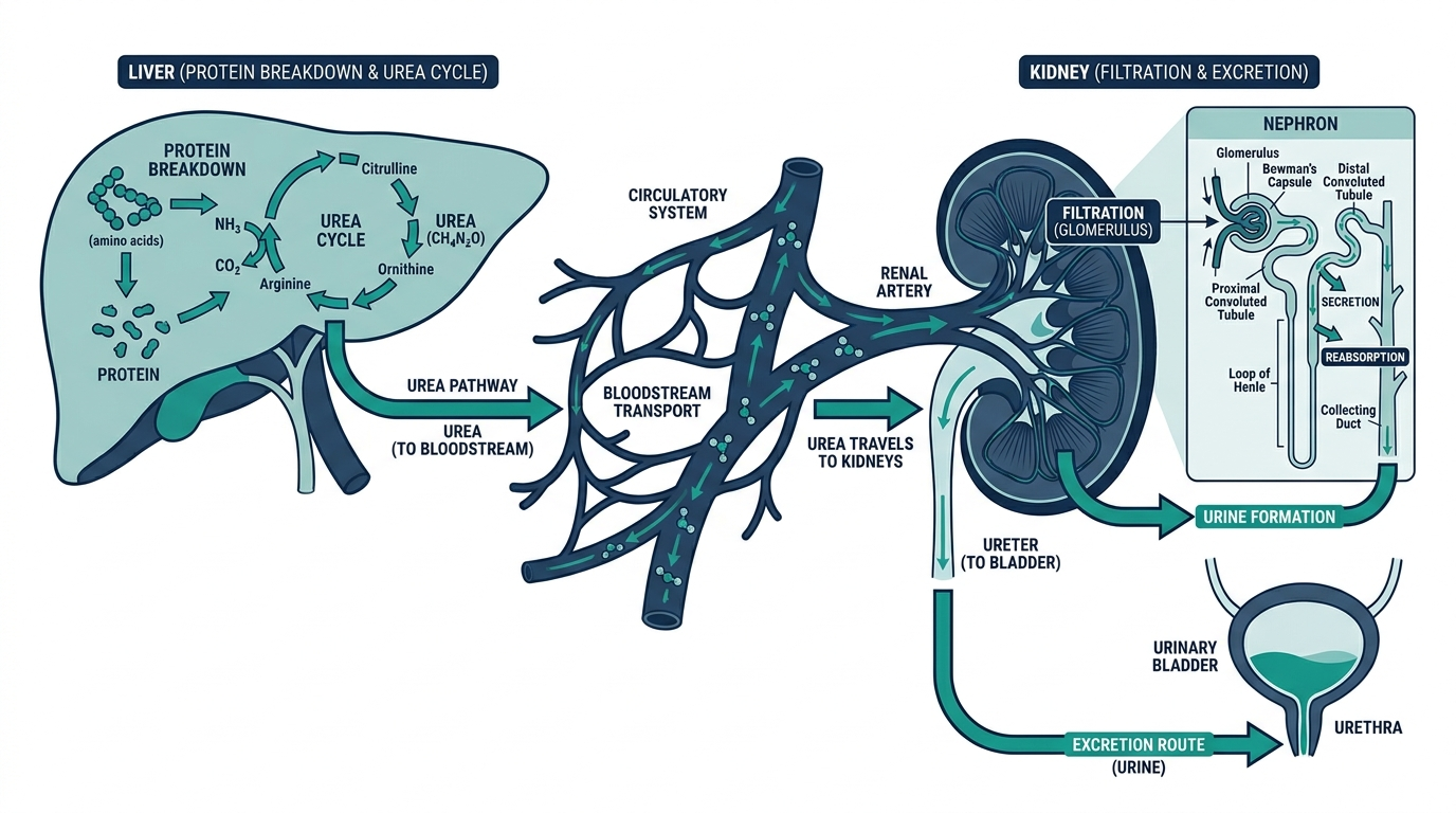 Diagram of the urea cycle showing protein breakdown in the liver and urea filtration by the kidneys