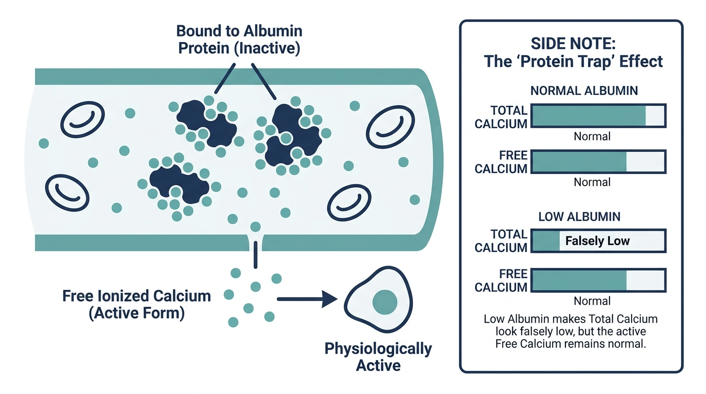 Diagram explaining the albumin protein trap in blood calcium testing, bound versus free calcium