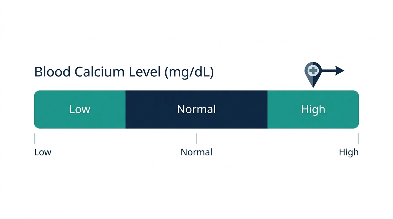 Schematic reference-range chart for blood calcium levels showing Low, Normal, and High bands