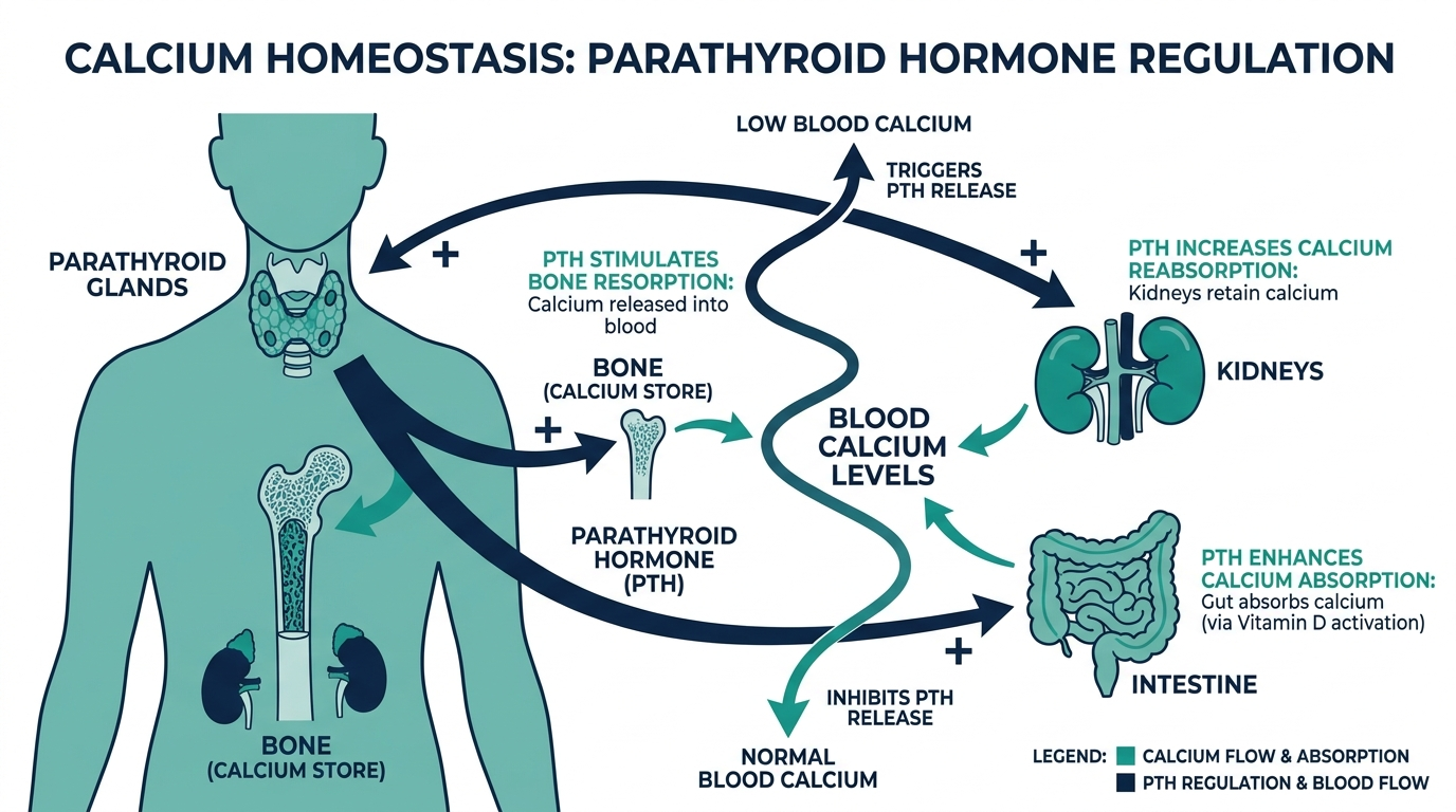 Diagram of calcium homeostasis showing parathyroid glands regulating calcium exchange between bone, kidney, and intestine