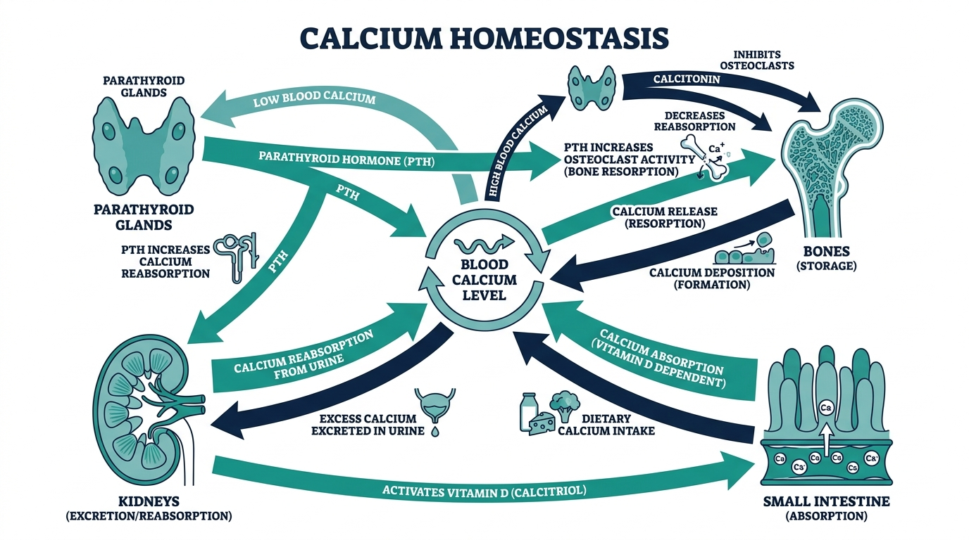 Diagram of calcium homeostasis showing parathyroid glands, bones, kidneys, and small intestine linked by regulatory arrows