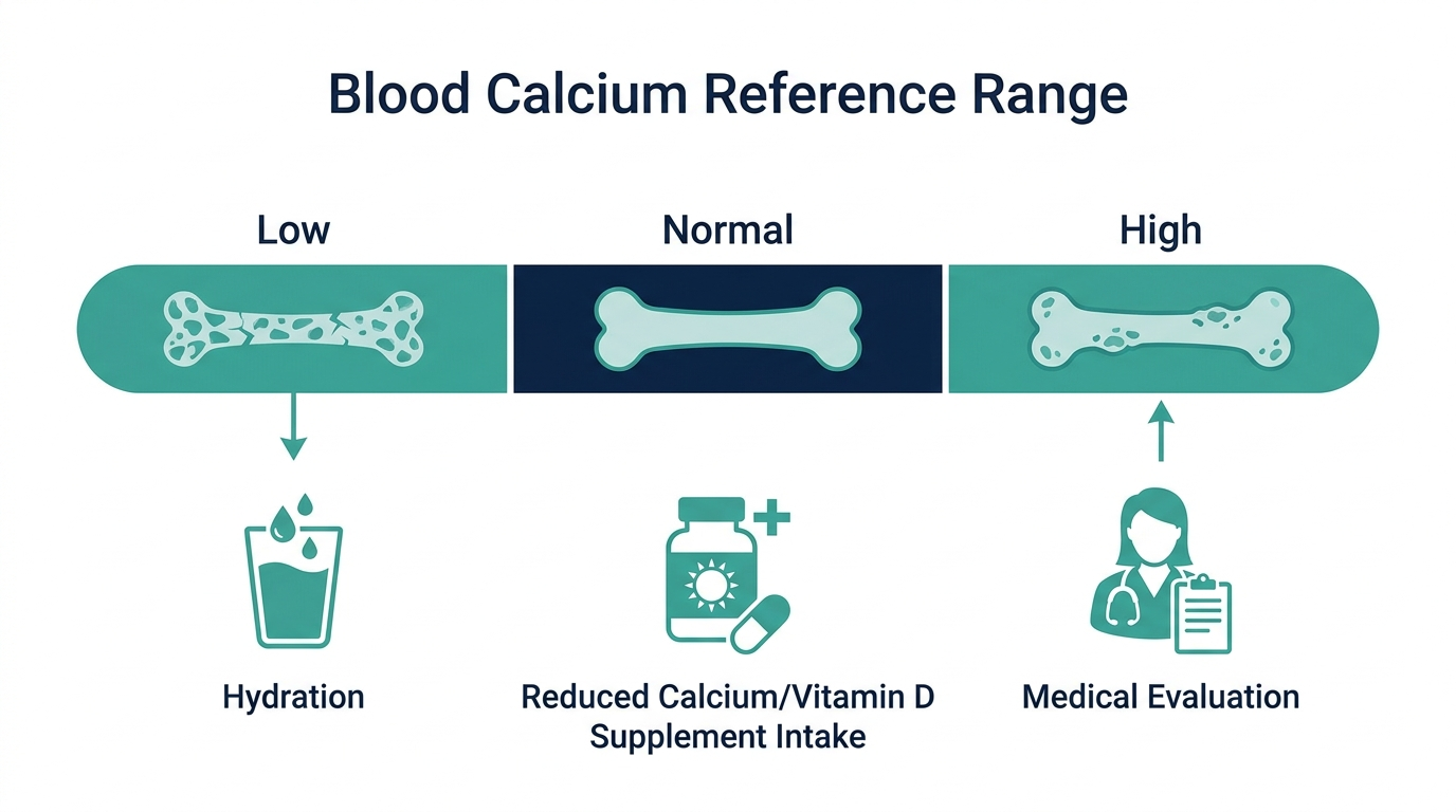 Schematic chart of low, normal, and high blood calcium bands with icons for hydration, supplement review, and medical evaluation