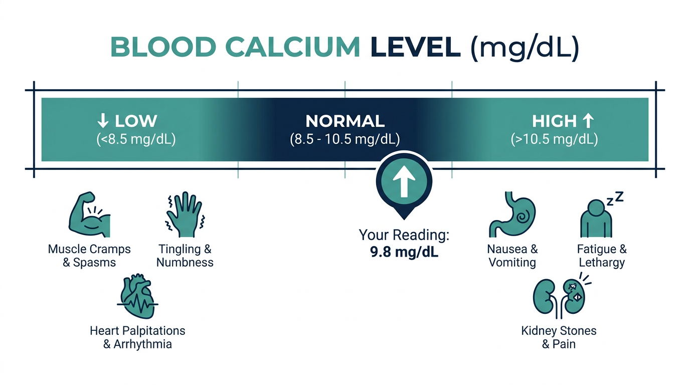 Reference range chart showing low, normal, and high bands for blood calcium level in mg/dL with related symptoms