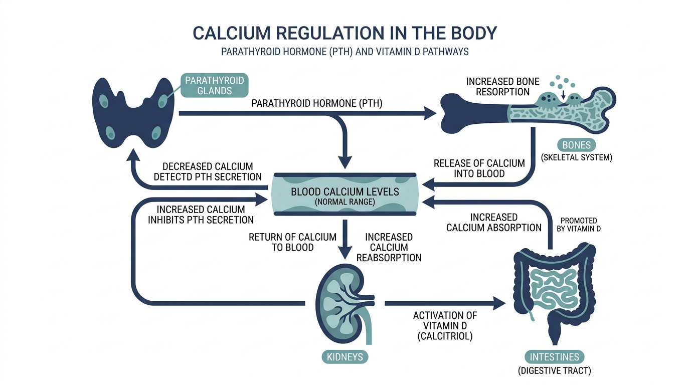Diagram of calcium regulation showing parathyroid glands, bones, kidneys, and intestines linked by parathyroid hormone and vitamin D pathways