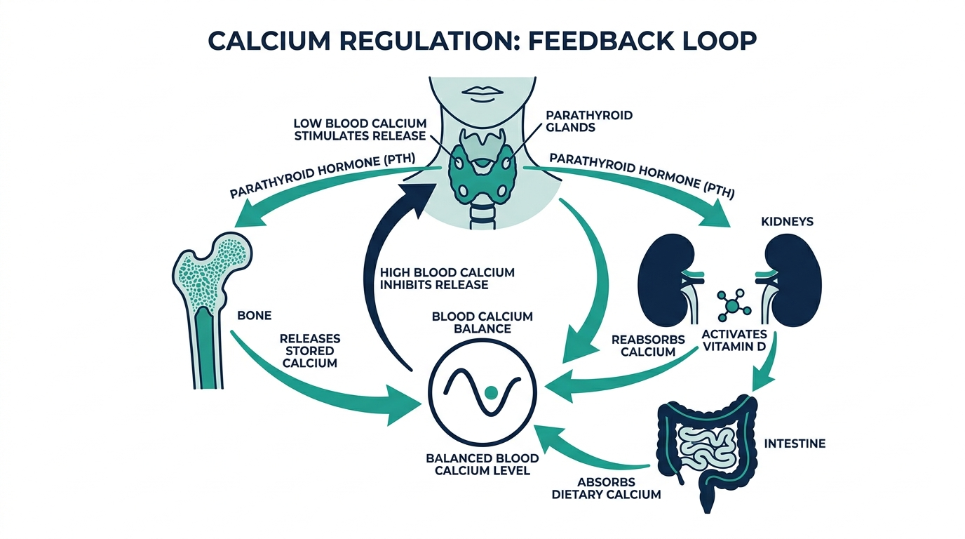 Diagram of calcium regulation by parathyroid glands, bone, kidneys, and vitamin D
