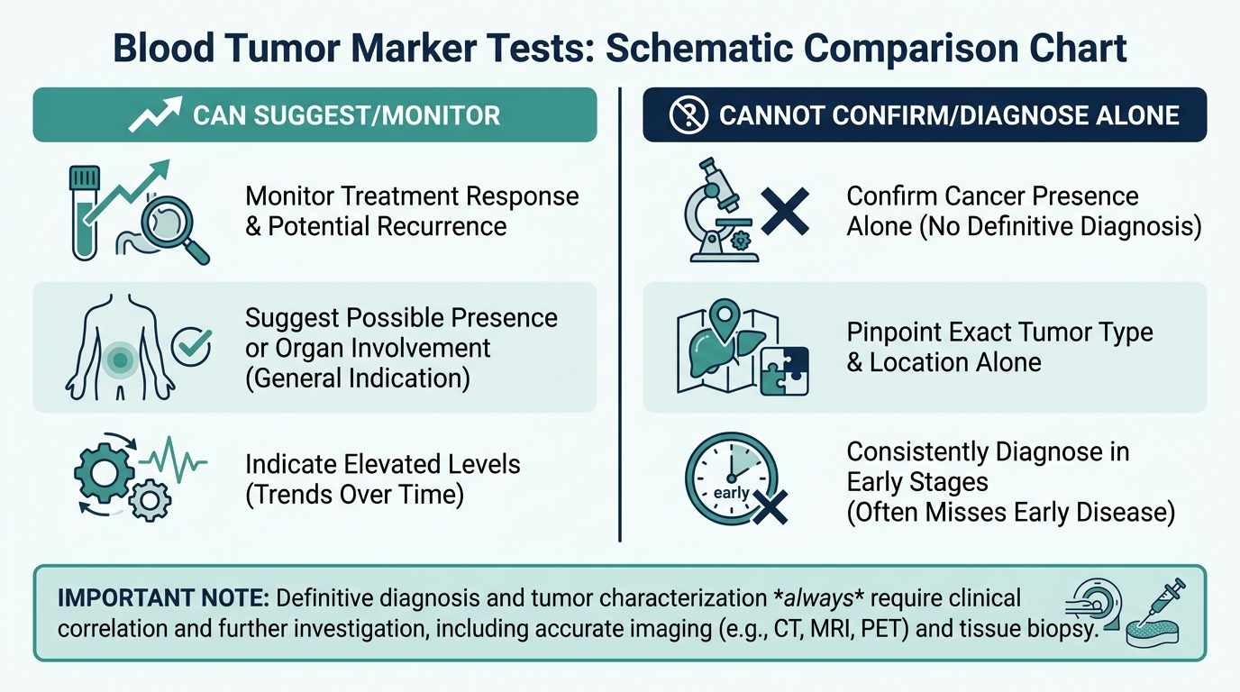 Chart comparing what blood tumor marker tests can suggest or monitor versus what they cannot confirm or diagnose alone