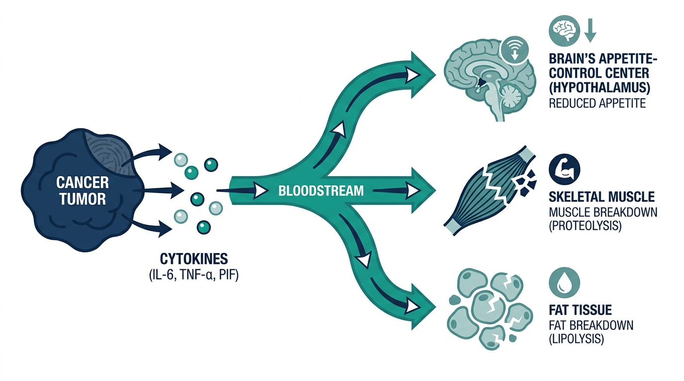 Diagram of cancer cachexia mechanism showing tumor cytokines affecting the brain, muscle, and fat tissue