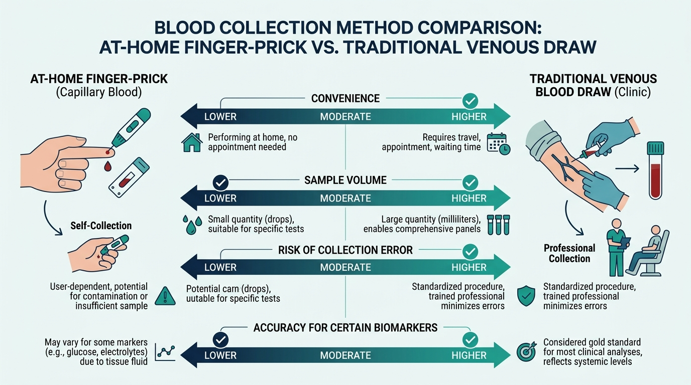 Comparison chart of finger-prick capillary blood sampling versus traditional venous blood draw across convenience, sample volume, and accuracy factors