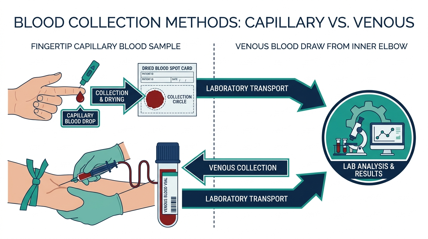Diagram comparing a fingertip capillary dried blood spot sample with a venous blood draw from the inner elbow