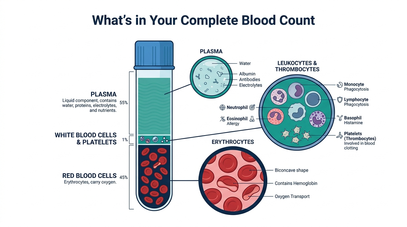 Diagram of a blood sample tube showing red blood cells, white blood cells, platelets, and plasma