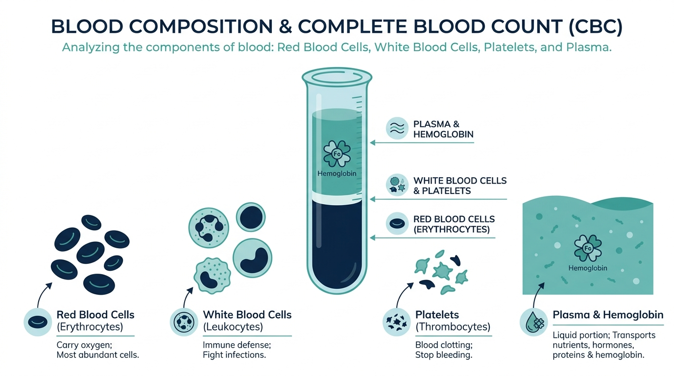 Diagram of blood composition inside a test tube showing red blood cells, white blood cells, platelets, and plasma with hemoglobin