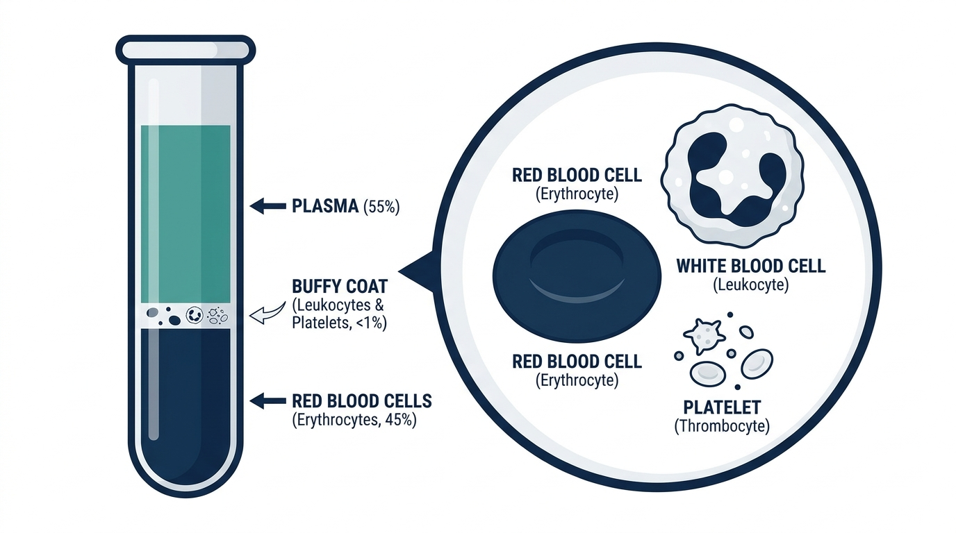 Diagram of centrifuged whole blood showing plasma, buffy coat, and red blood cell layers with cell types