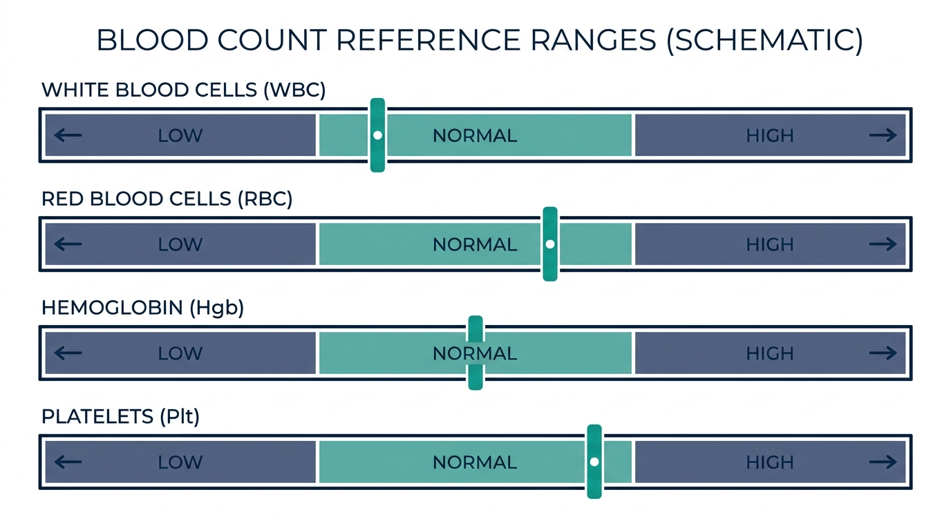 Schematic reference range charts for white blood cells, red blood cells, hemoglobin, and platelets showing low, normal, and high bands