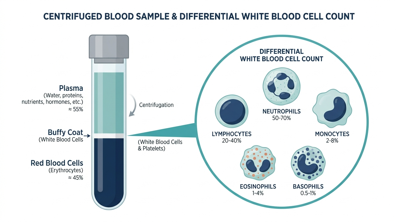Diagram of a centrifuged blood tube showing plasma, buffy coat, and red blood cell layers, with an inset of the five white blood cell types measured in a differential