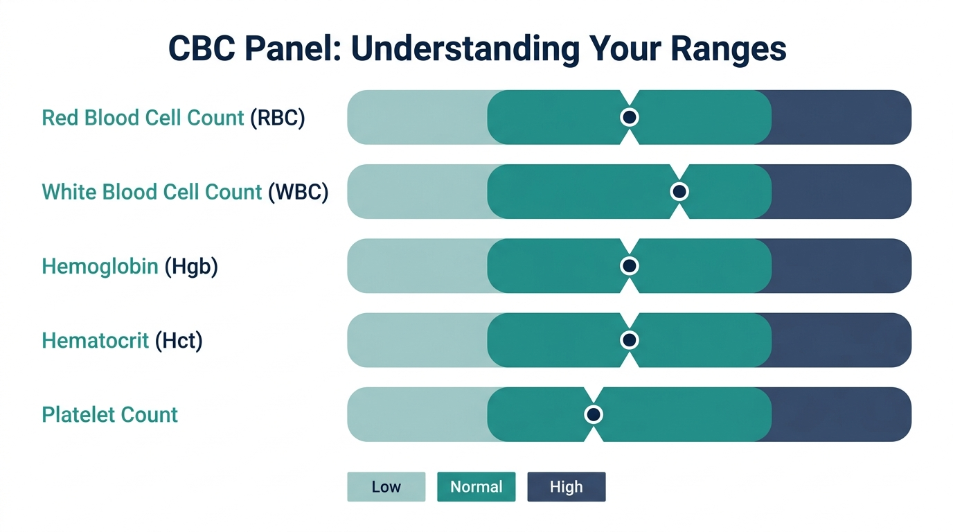 Schematic chart showing low, normal, and high reference bands for CBC markers