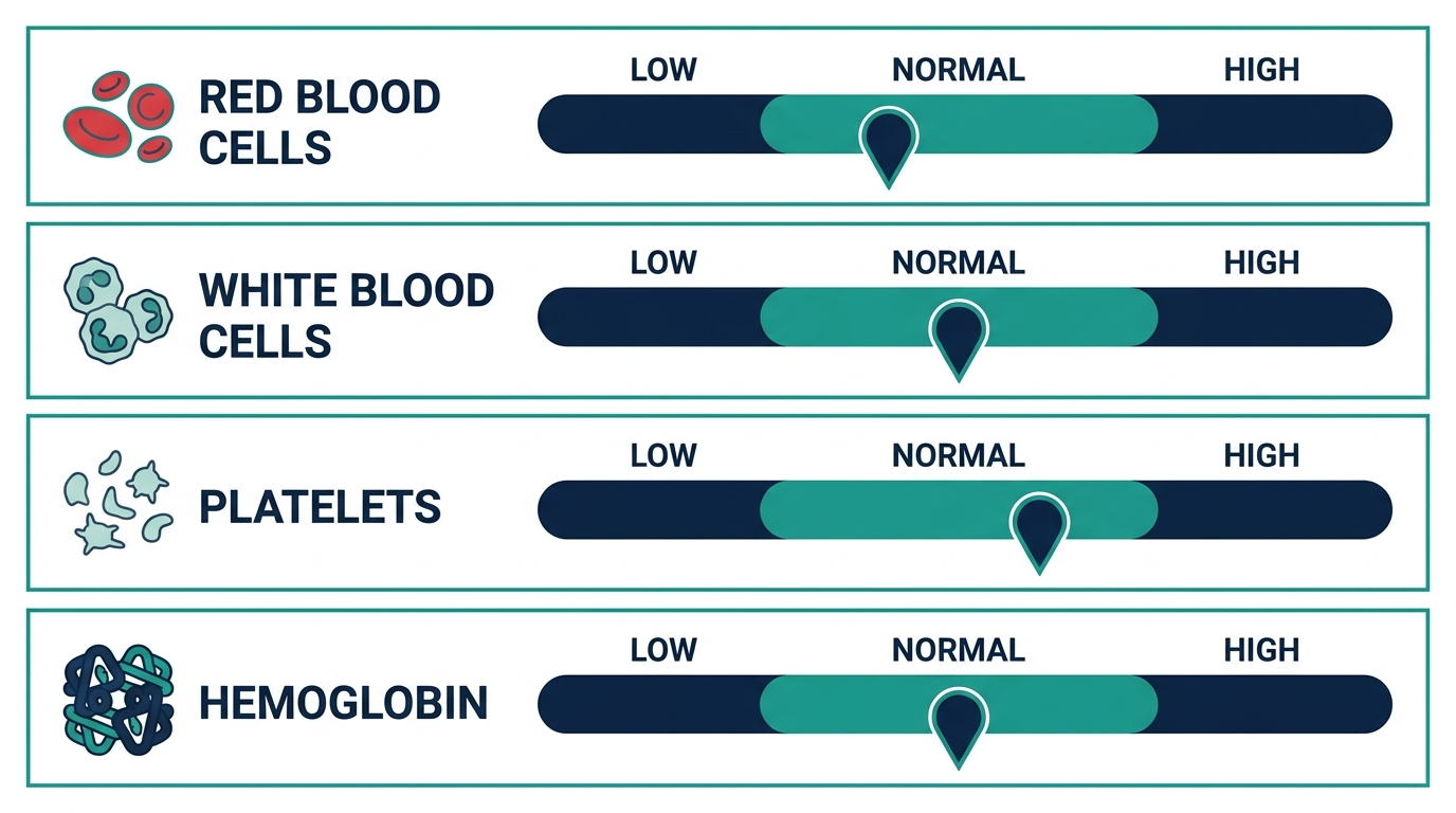 Multi-row reference range chart for red blood cells, white blood cells, platelets, and hemoglobin with low, normal, and high bands
