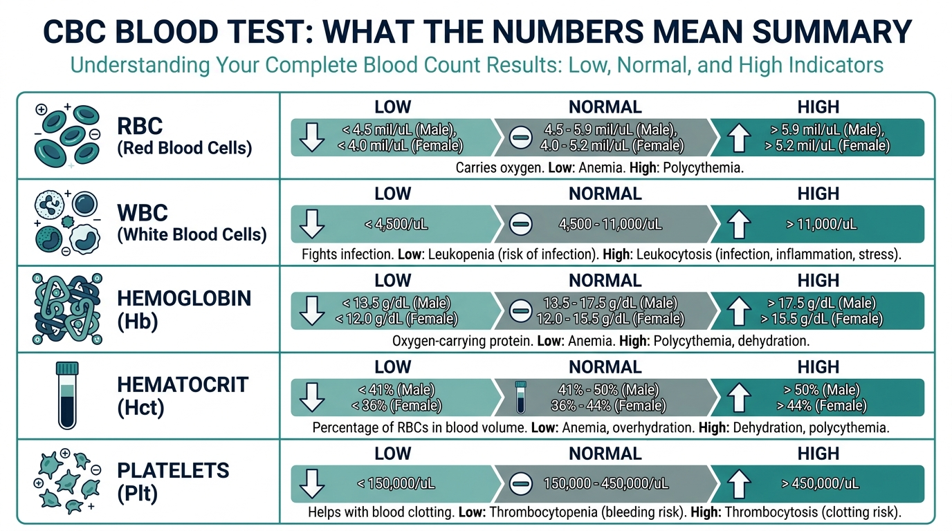 Summary grid chart showing low, normal, and high indicators for RBC, WBC, hemoglobin, hematocrit, and platelets