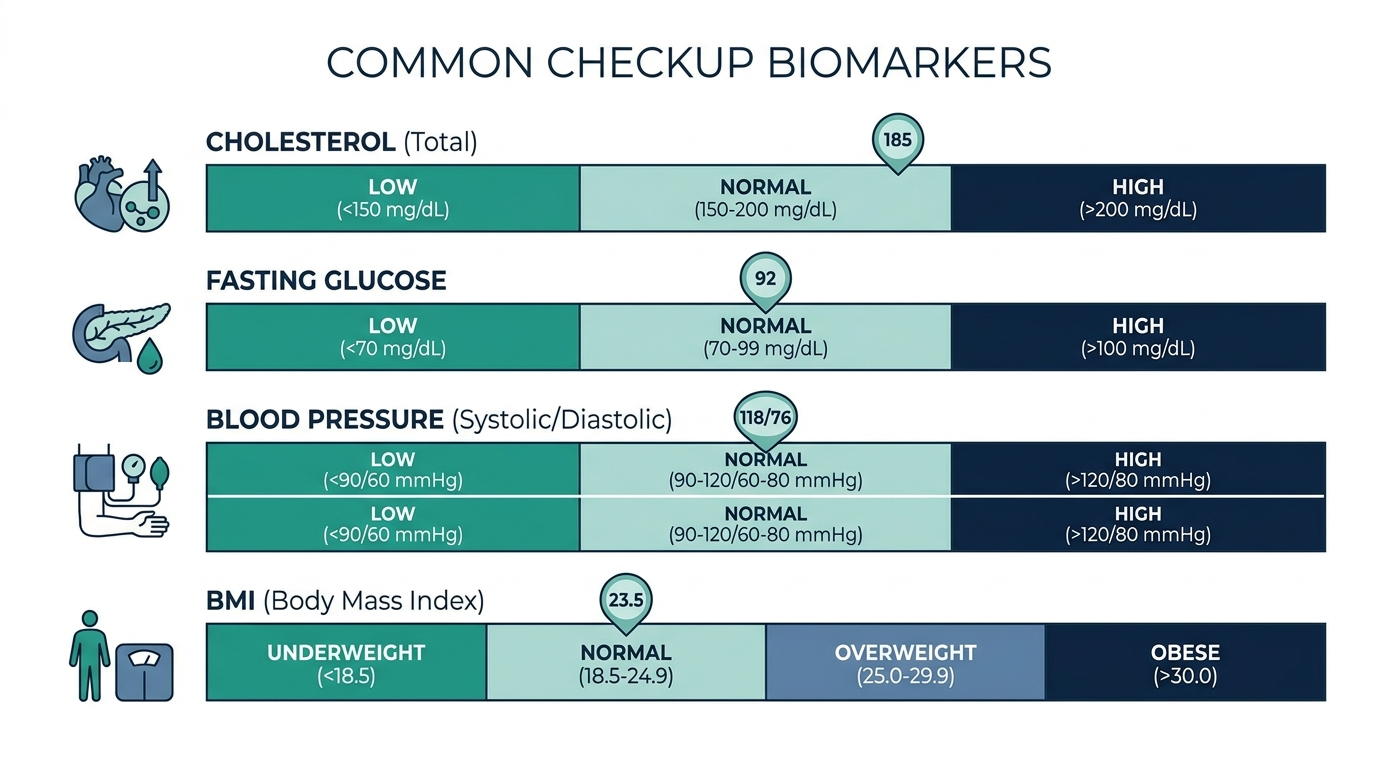 Reference range chart showing schematic low, normal, and high bands for common checkup biomarkers like cholesterol, glucose, blood pressure, and BMI