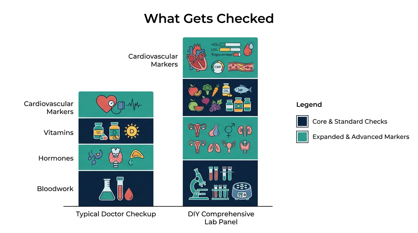 Schematic comparison chart of testing categories covered by a typical doctor checkup versus a comprehensive DIY lab panel