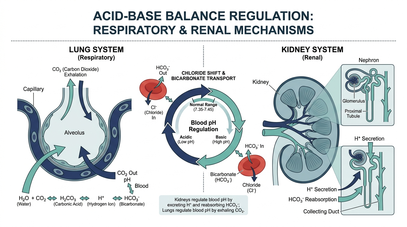 Diagram of kidney and lung regulation of acid-base balance showing chloride and bicarbonate ion shifts