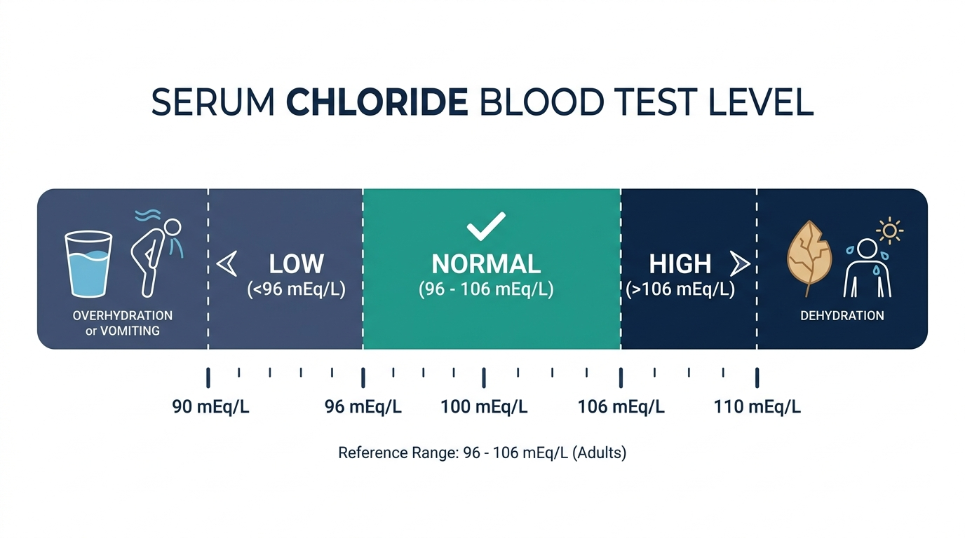 Reference range chart showing low, normal, and high serum chloride levels with associated causes