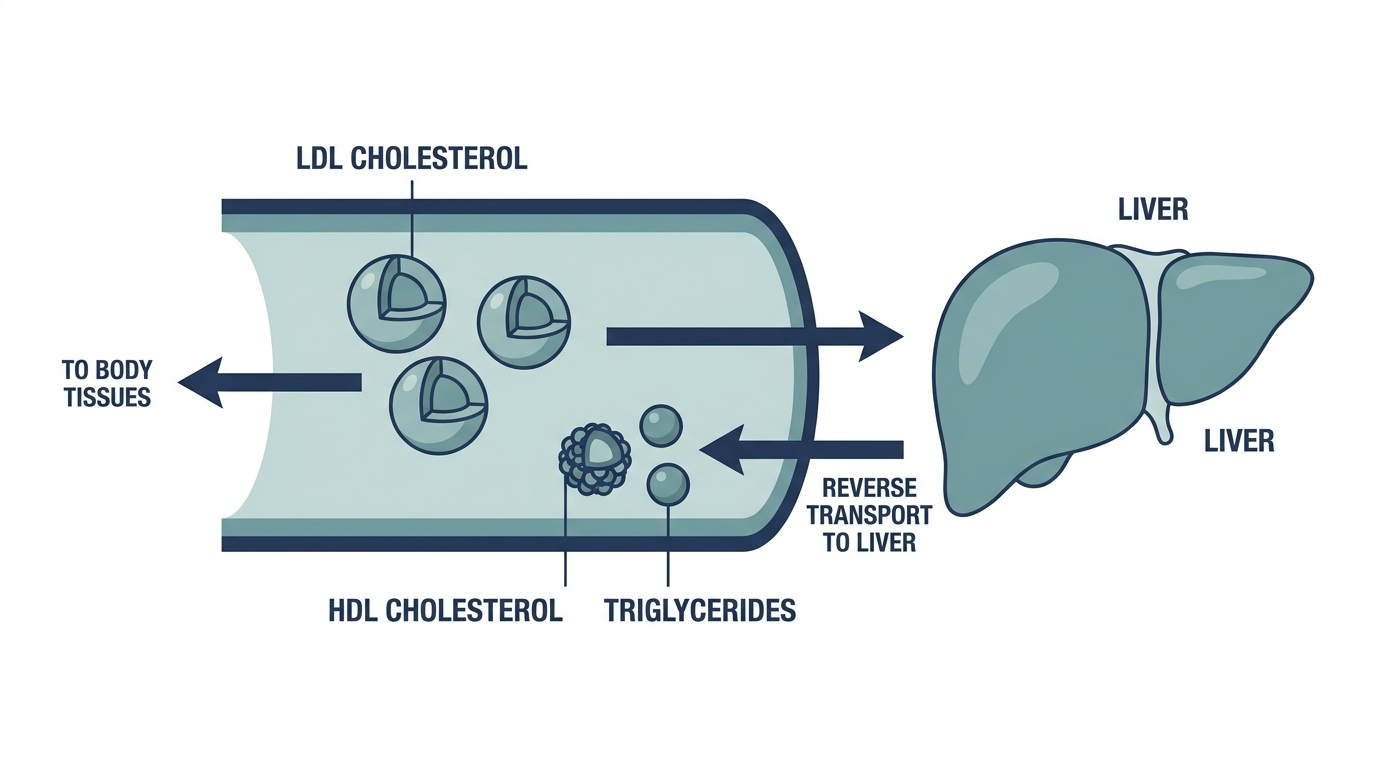 Diagram of LDL and HDL cholesterol and triglycerides moving through the bloodstream to the liver