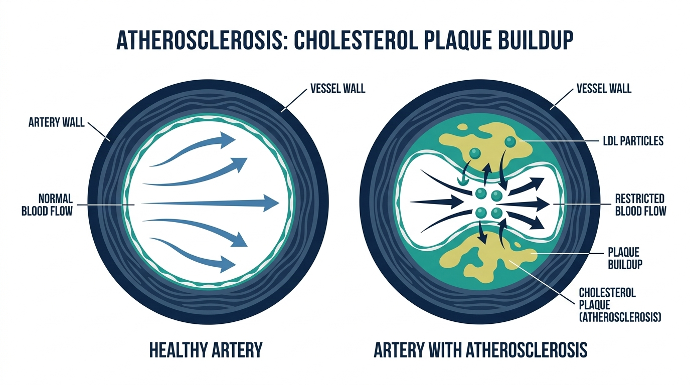 Cross-section diagram comparing a healthy artery to one narrowed by cholesterol plaque buildup (atherosclerosis)