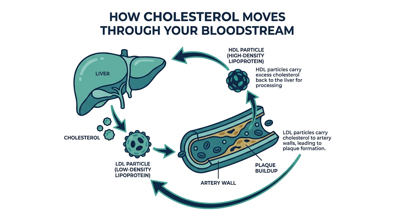 Diagram showing how LDL and HDL cholesterol move between the liver and arteries