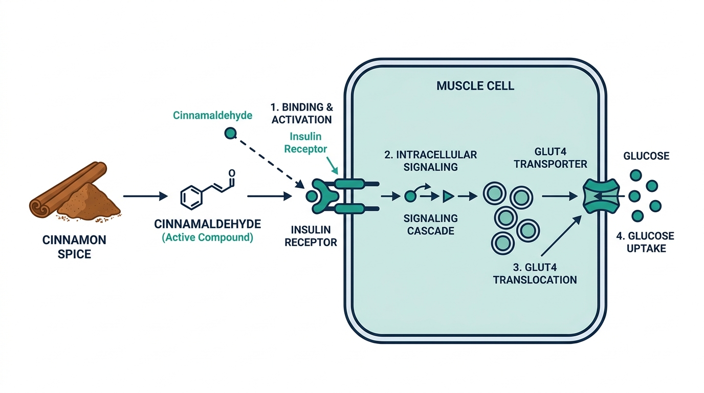 Diagram of cinnamaldehyde acting on the insulin receptor pathway to move glucose into a cell